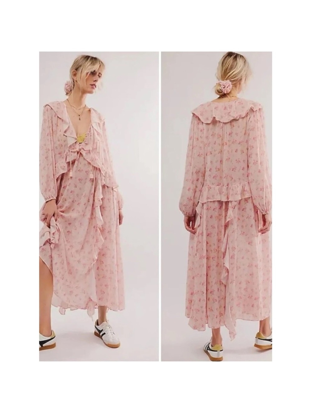 New with Tag Spell Fleur Boho Pink Champagne Floral Ruffle Maxi